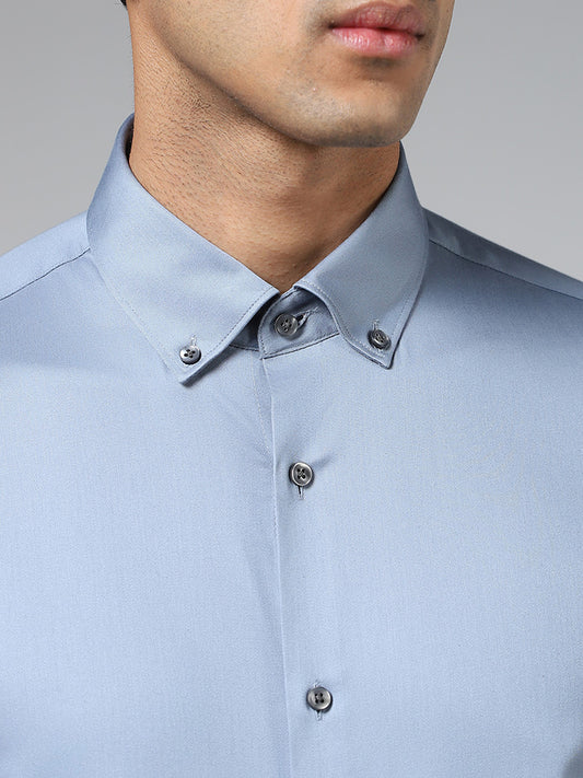 WES Formals Solid Light Blue Cotton Blend Slim Fit Shirt