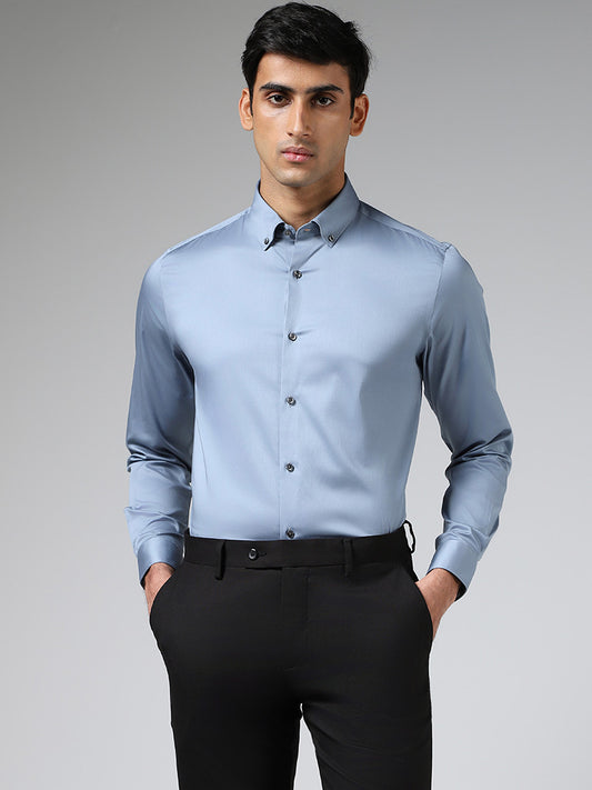 WES Formals Solid Light Blue Cotton Blend Slim Fit Shirt