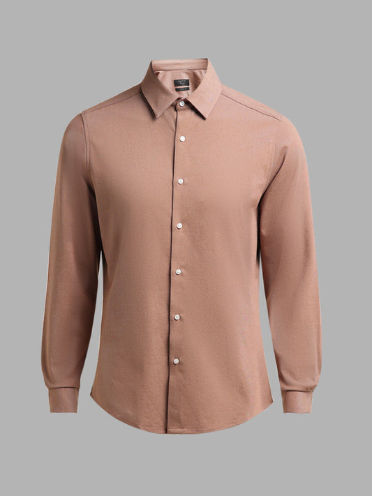 WES Formals Solid Brown Cotton Blend Shirt