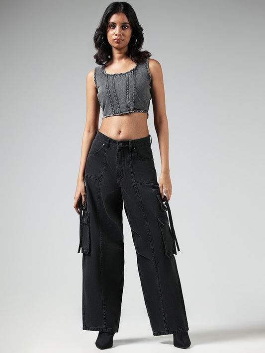 Nuon Solid Black High-Waisted Cargo Relaxed Fit Jeans