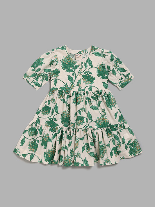 Utsa Kids Off White & Green Floral Printed Tiered Dress (2 - 8yrs)