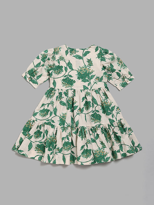 Utsa Kids Green & Off White Floral Printed Tiered Dress (8 -14yrs)