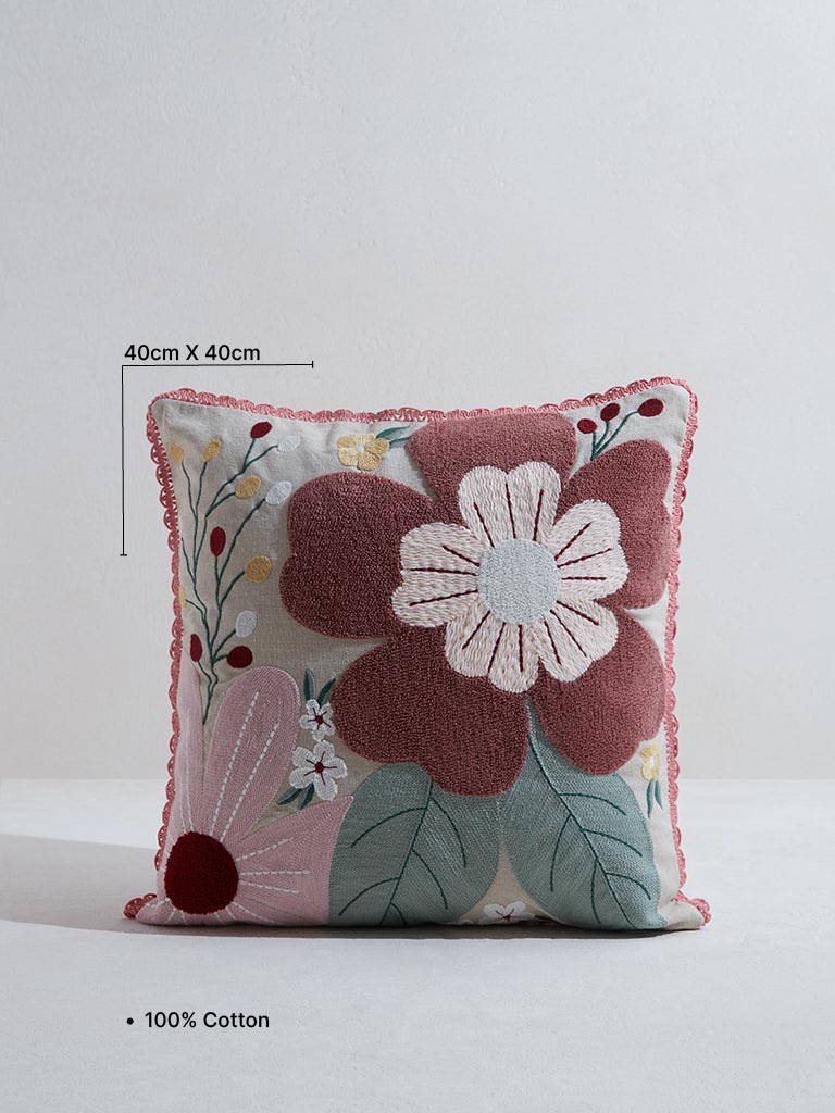 Westside Home Dull Pink Floral Embroidered Cushion Cover