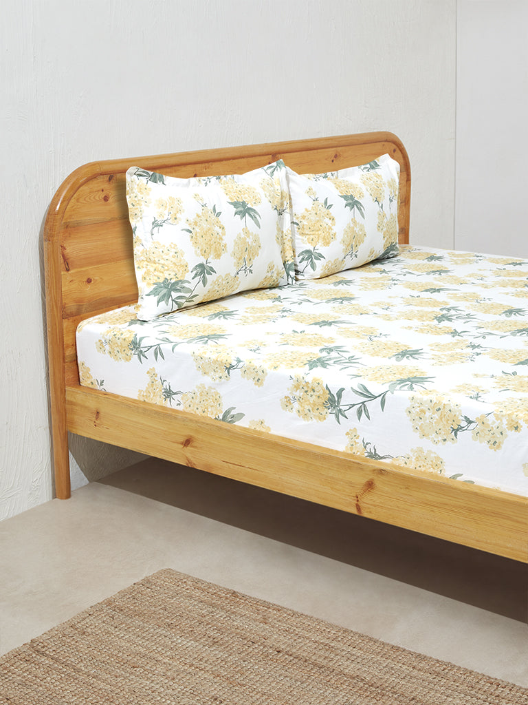 Westside Home Yellow Floral Design King Bed Flat Sheet and Pillowcase Set