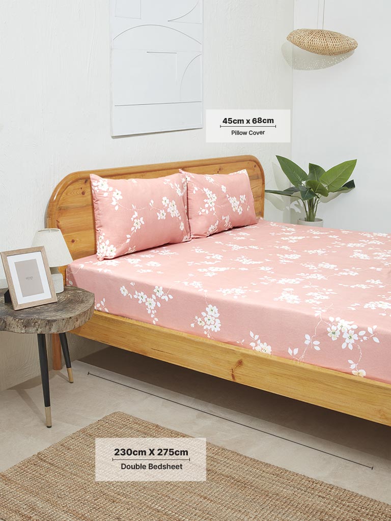 Westside Home Pink Cherry Blossom Double Bed Flat Sheet and Pillowcase Set