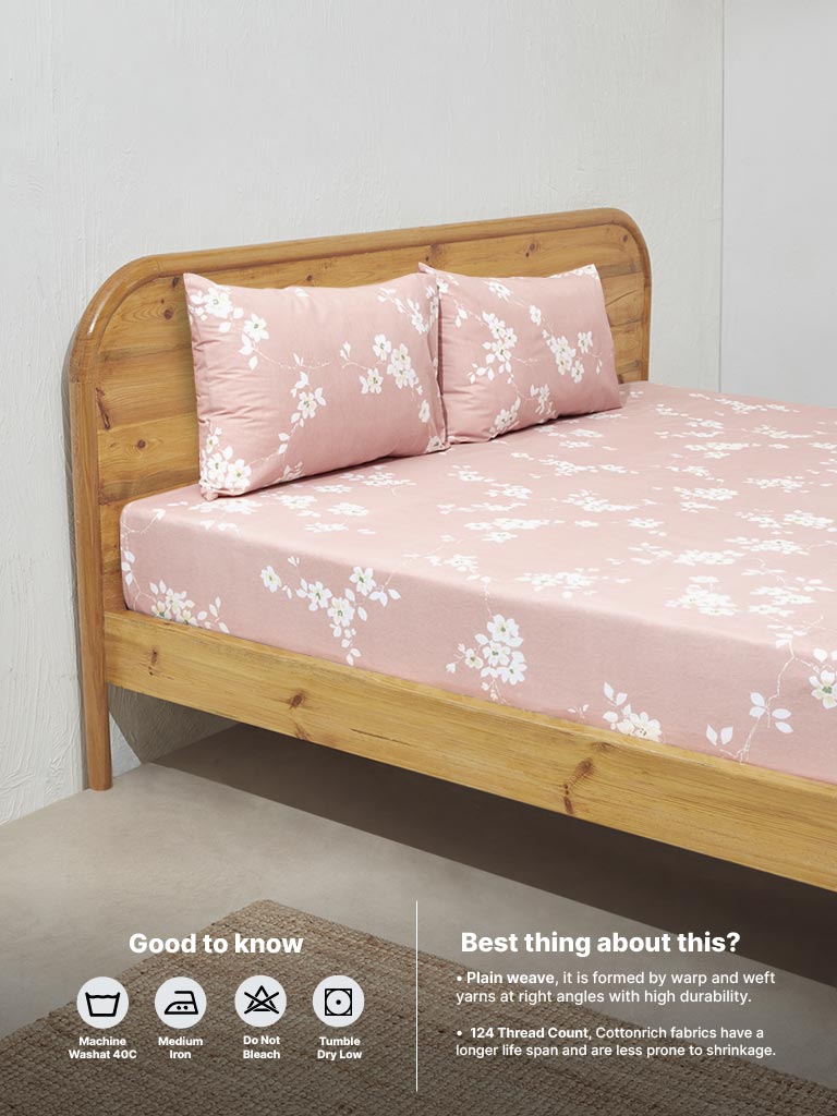 Westside Home Pink Cherry Blossom Double Bed Flat Sheet and Pillowcase Set