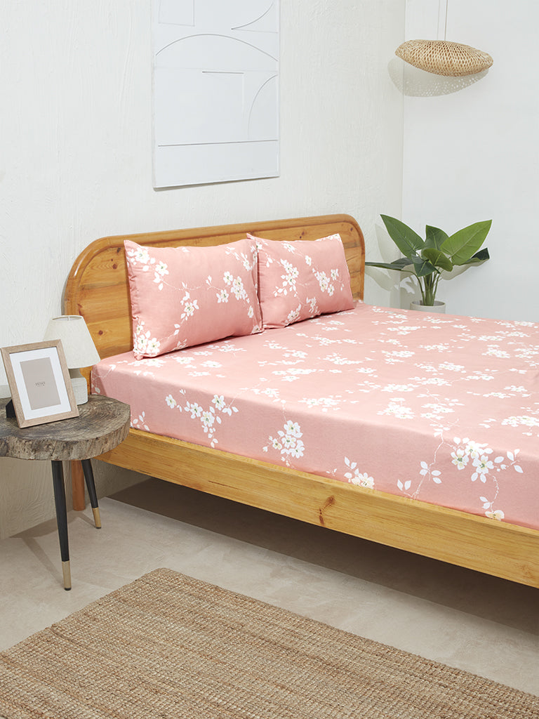 Westside Home Pink Cherry Blossom King Bed Flat Sheet and Pillowcase Set