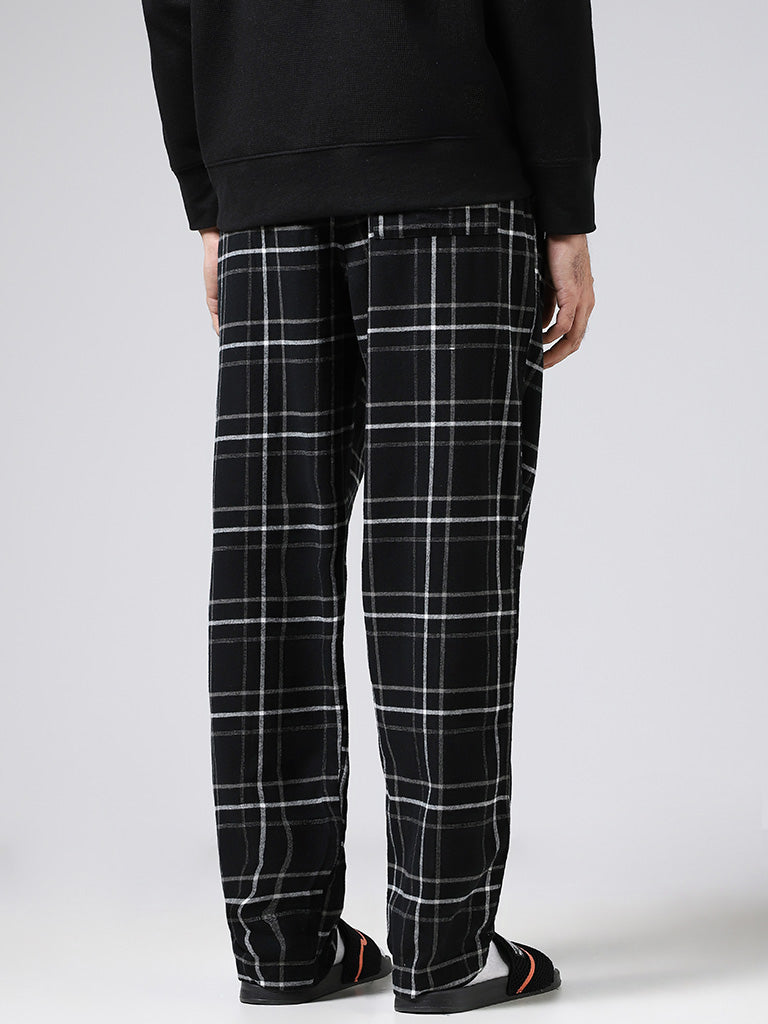 WES Lounge Black Plaid Checked Cotton Relaxed Fit Pyjamas