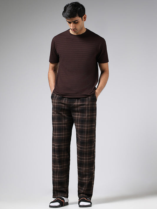 WES Lounge Brown Plaid Checked Cotton Relaxed Fit Pyjamas
