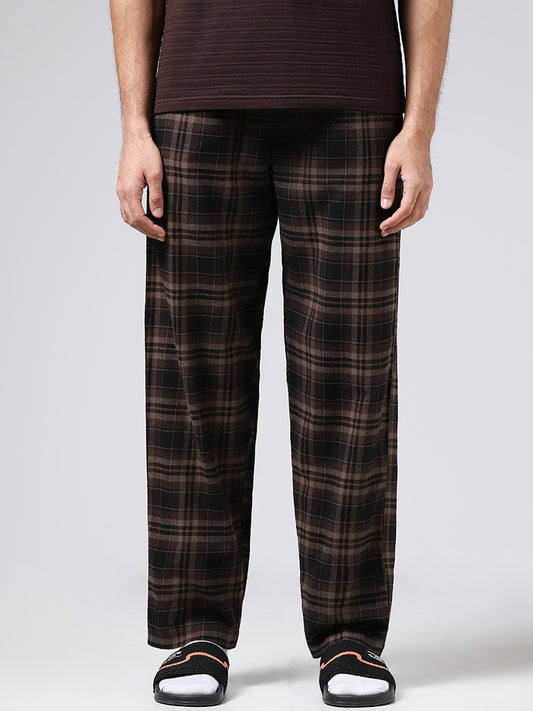 WES Lounge Brown Plaid Checked Cotton Relaxed Fit Pyjamas