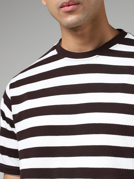 WES Lounge Brown & White Striped Cotton Blend Relaxed Fit T-Shirt