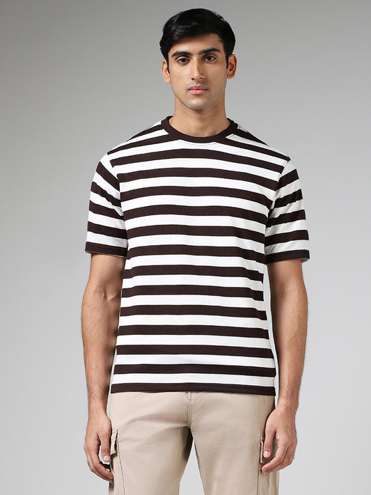 WES Lounge Brown & White Striped Cotton Blend Relaxed Fit T-Shirt