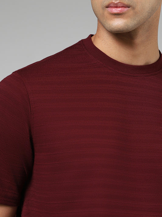 WES Lounge Burgundy Self-Striped Cotton Blend Relaxed Fit T-Shirt