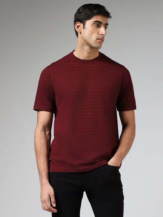WES Lounge Burgundy Self-Striped Cotton Blend Relaxed Fit T-Shirt