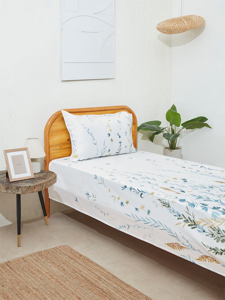 Westside Home Blue Floral Design Single Bed Flat Sheet and Pillowcase Set