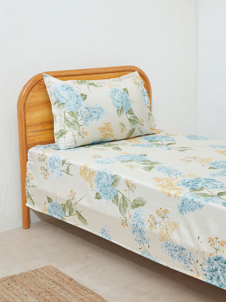 Westside Home Aqua Hydrangea Design Single Bed Flat Sheet and Pillowcase Set