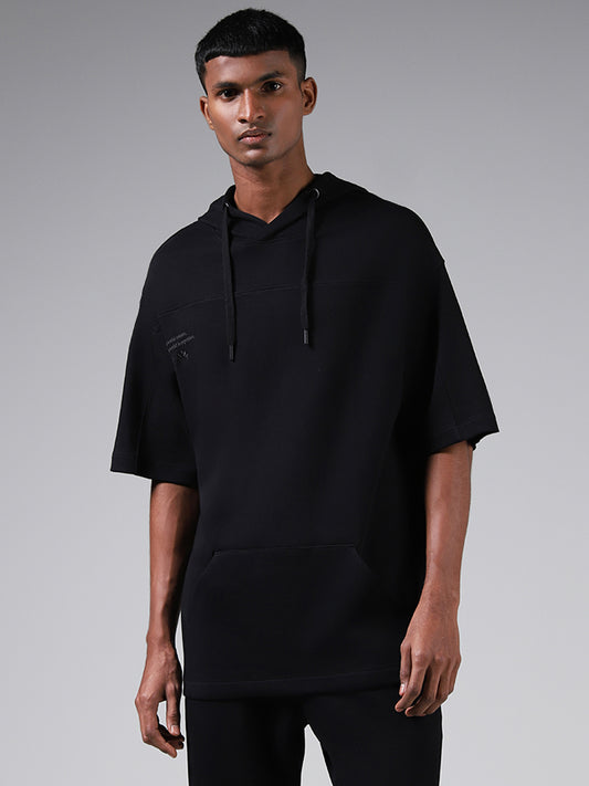 Studiofit Black Typographic Cotton Relaxed Fit Hoodie