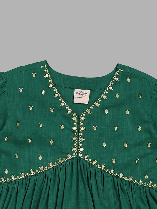 Utsa Kids Emerald Green Floral Embroidered Gathered Dress (8 -14yrs)