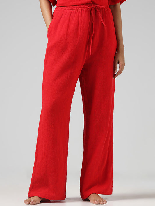 Wunderlove Solid Red Wrinkled Cotton Pants