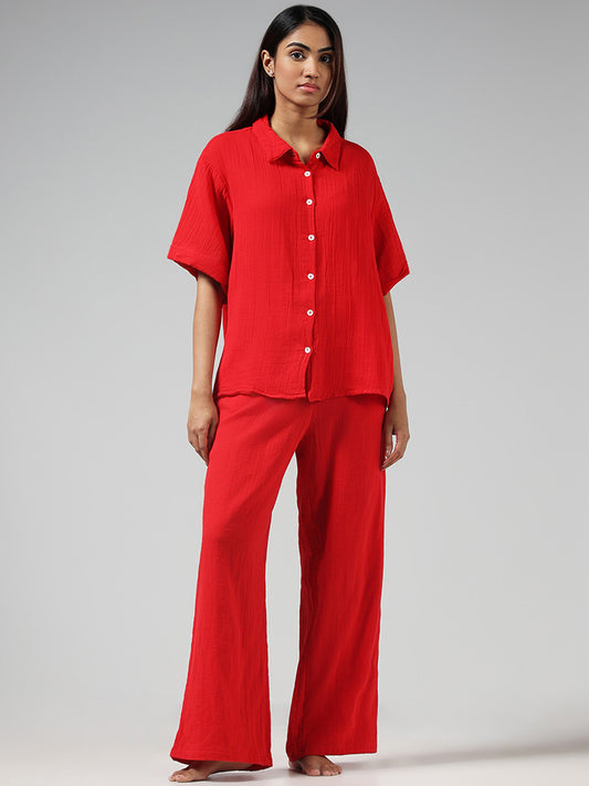 Wunderlove Solid Red Cotton Crinkled Shirt