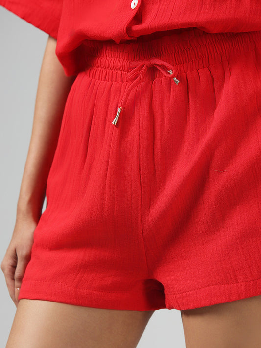 Wunderlove Solid Red Crinkled Cotton Shorts