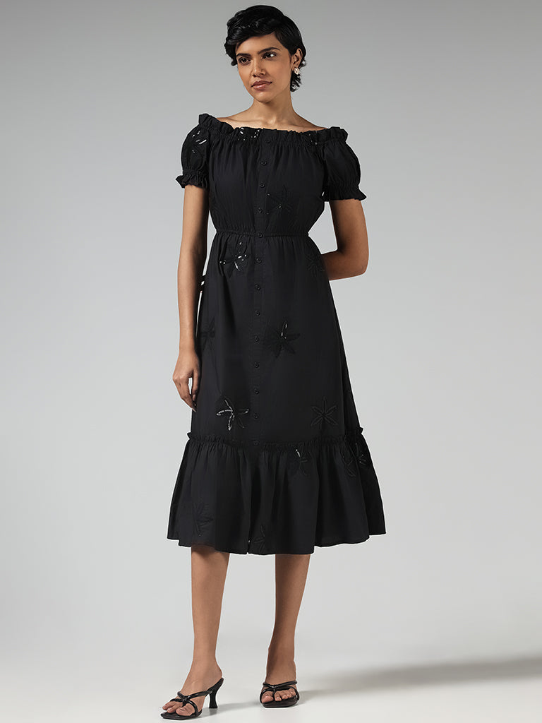 LOV Black Floral Sequin Embroidered Cotton Off-Shoulder Dress