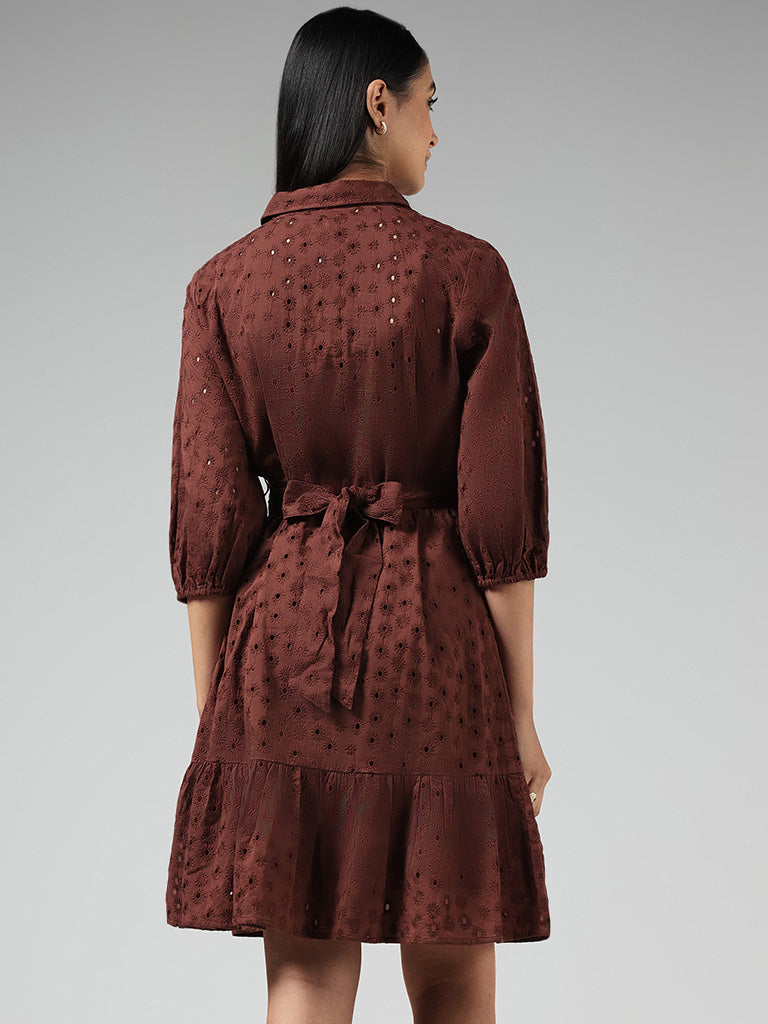 LOV Chocolate Brown Schiffli Cotton Shirt Dress with Belt