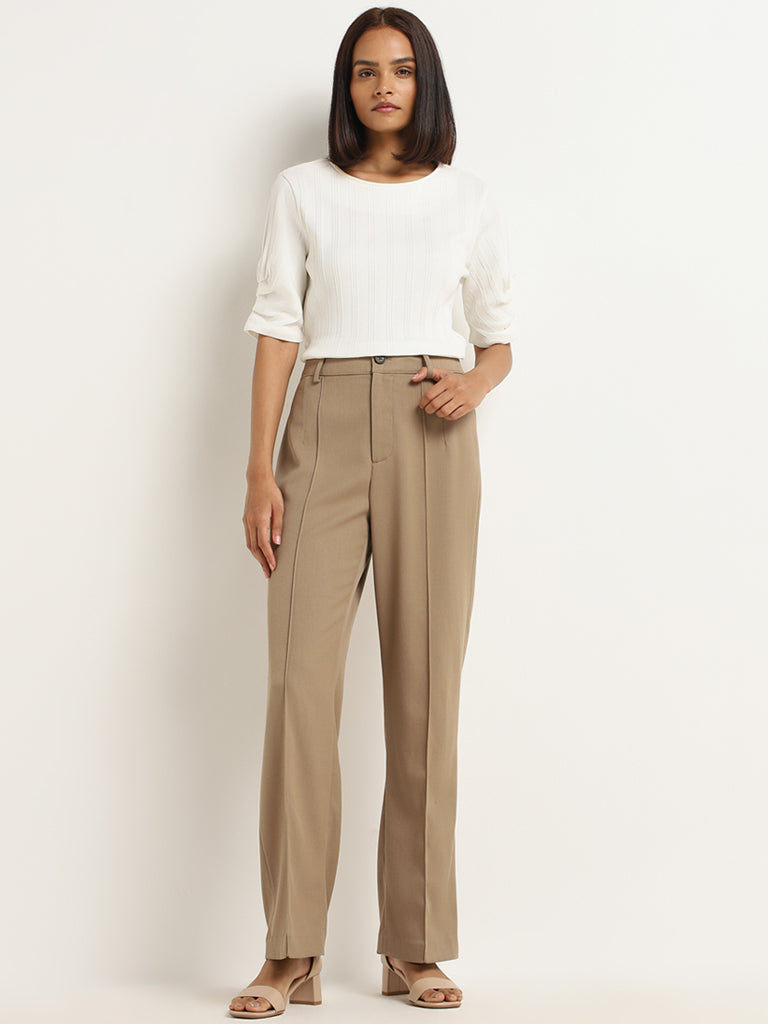 Buy Wardrobe Beige Solid Trousers from Westside