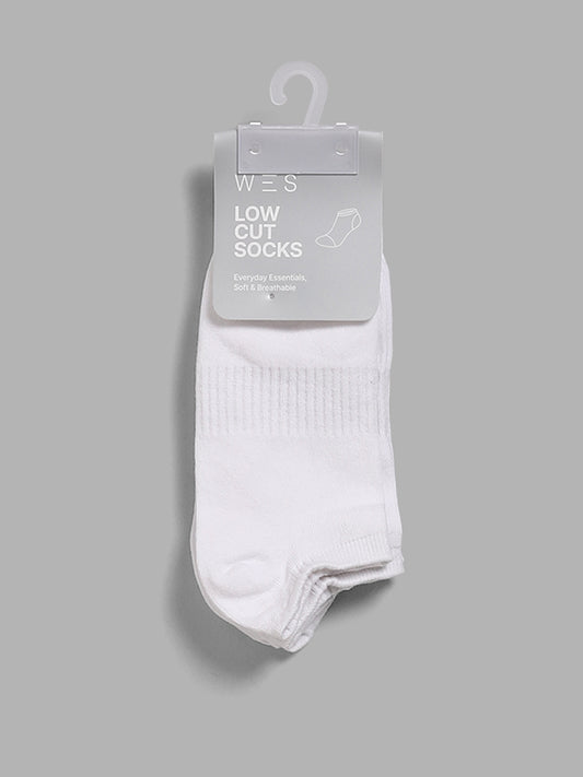 WES Lounge Self-Striped Low Cut White Cotton Blend Socks - Pack of 3