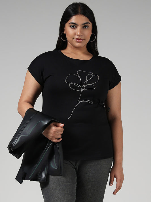 Gia Black Floral Sequined Cotton Top