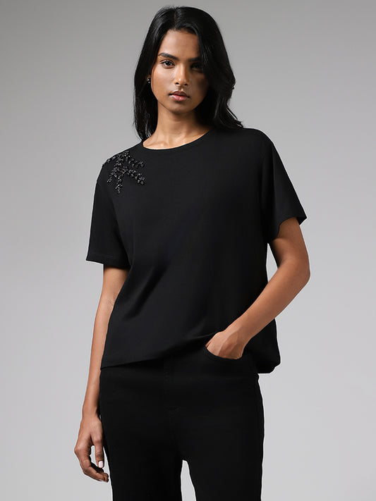 LOV Black Sequin Embellished Cotton T-Shirt