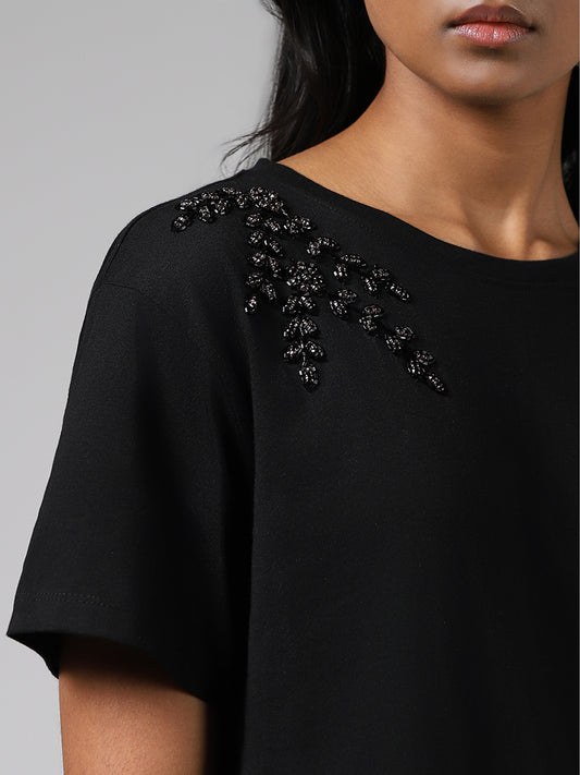 LOV Black Sequin Embellished Cotton T-Shirt