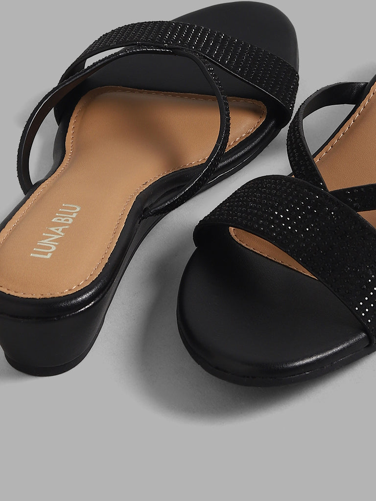 LUNA BLU Black V-Strap Diamante Wedges Sandals