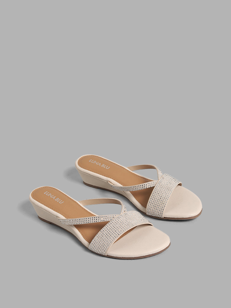 LUNA BLU Cream V-Strap Diamante Wedges Sandals