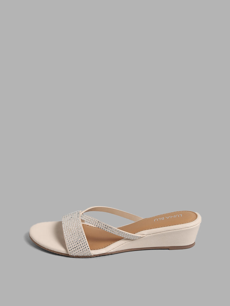 LUNA BLU Cream V-Strap Diamante Wedges Sandals
