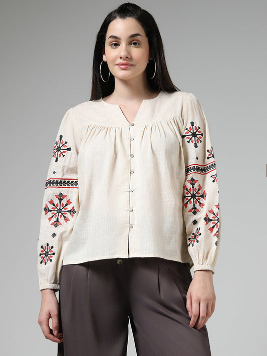 Bombay Paisley Off White Embroidered Cotton Button-Down Top
