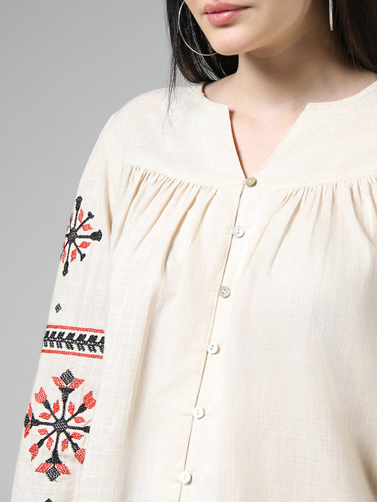 Bombay Paisley Off White Embroidered Cotton Button-Down Top