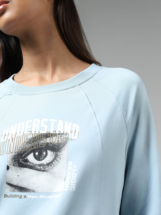 Studiofit Light Blue Typographic Printed Cotton Blend Sweatshirt