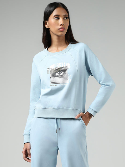 Studiofit Light Blue Typographic Printed Cotton Blend Sweatshirt