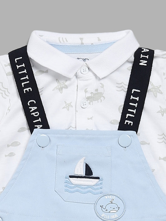 HOP Baby Blue Printed Dungaree with T-Shirt