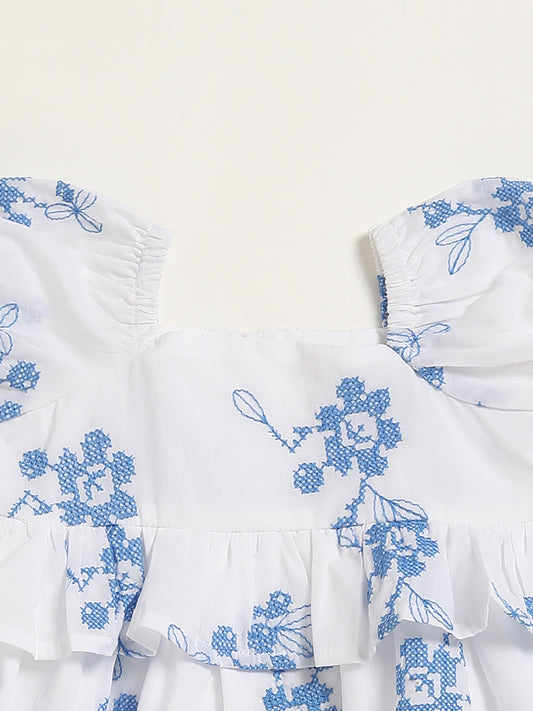 HOP Baby White & Blue Floral Printed Top with Shorts