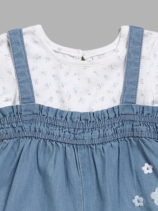 HOP Baby Floral T-Shirt with Embroidery Blue Denim Dungaree