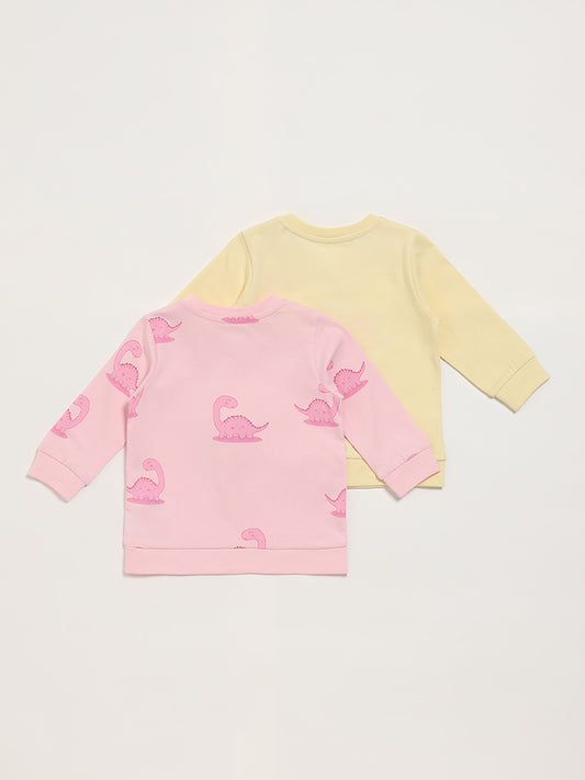 HOP Baby Dino Printed Yellow & Pink T-Shirt - Pack of 2