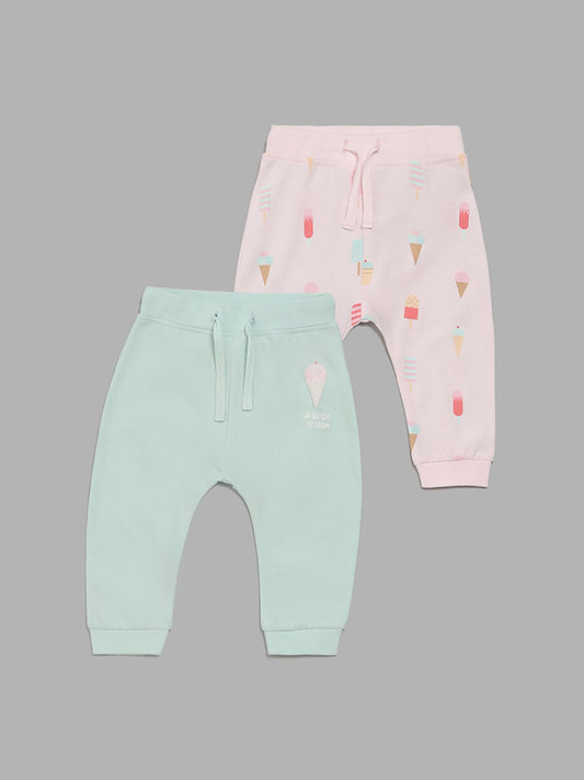HOP Baby Pink & Mint Green Ice-Cream Printed Pants - Pack of 2