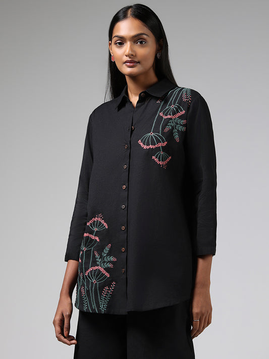 Utsa Black Floral Embroidered Cotton Blend Tunic