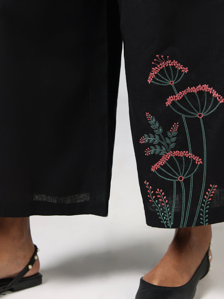 Utsa Black Floral Embroidered Cotton Blend Palazzos