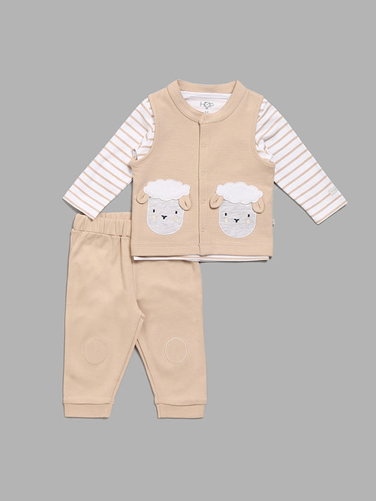 HOP Baby Sheep Patch Beige T-Shirt with Jacket & Pants Set