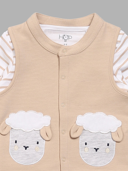 HOP Baby Sheep Patch Beige T-Shirt with Jacket & Pants Set