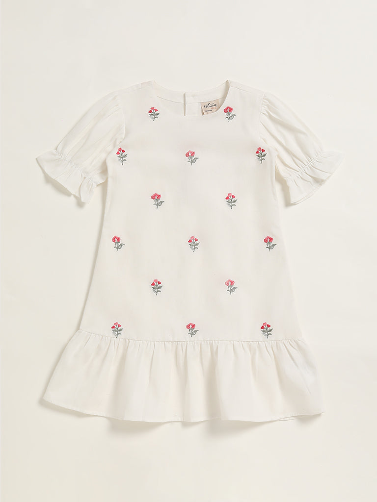 Utsa Kids White Floral Embroidered Dress (2 - 8yrs)
