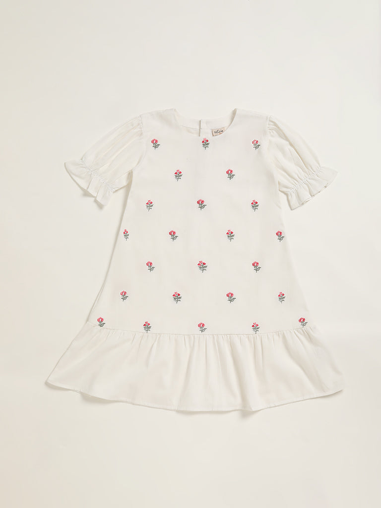 Utsa Kids White Floral Embroidered Dress (8 -14yrs)